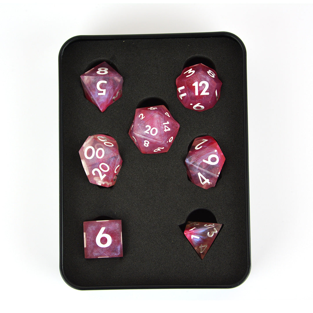 Sweetheart pink resin dnd dice set with tin
