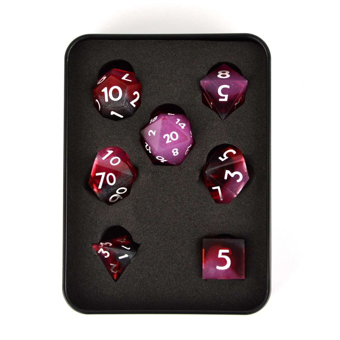 Passion pink and red resin dnd dice set with tin