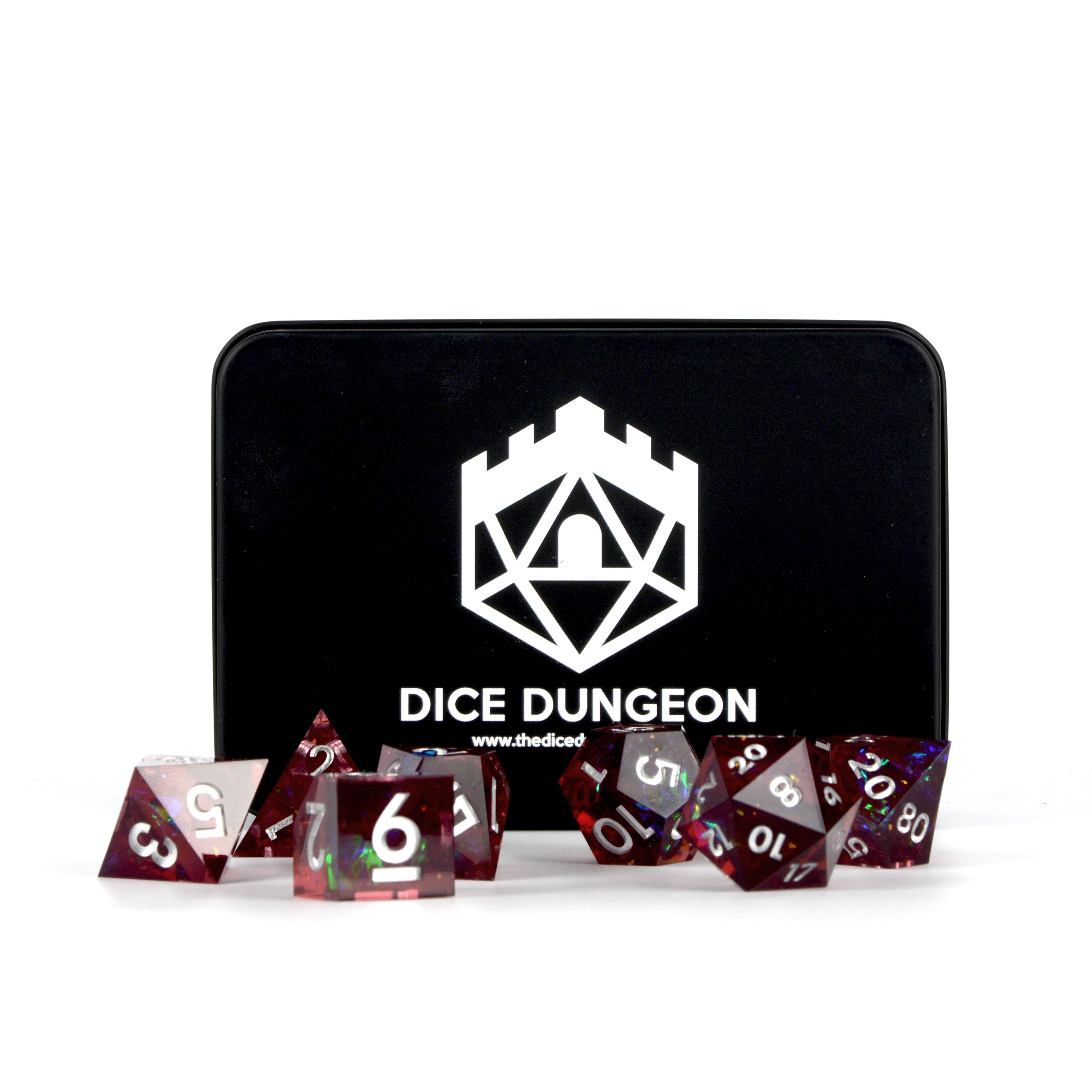 red sharp edge dnd dice set with tin