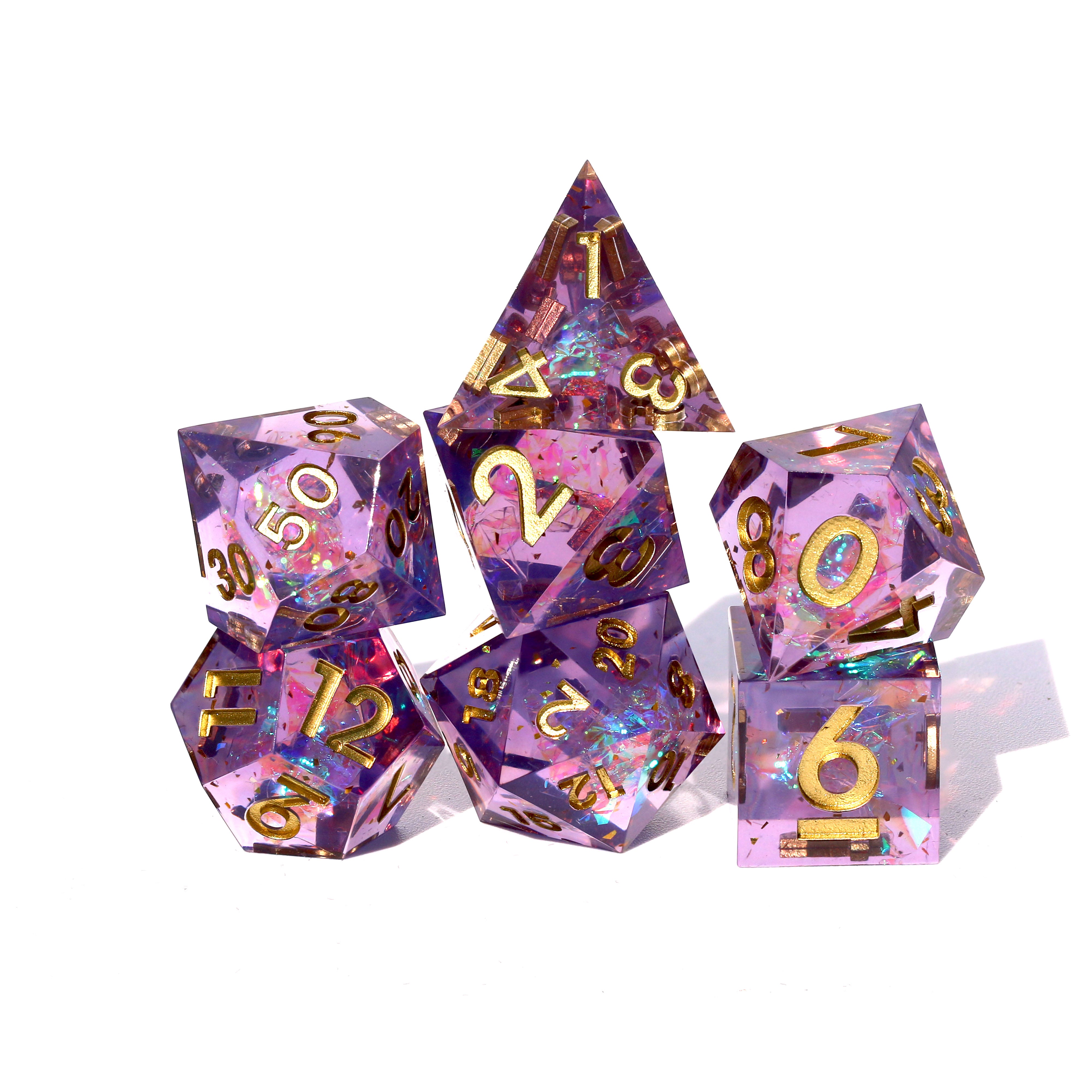 purple sharp edge dnd dice set stacked