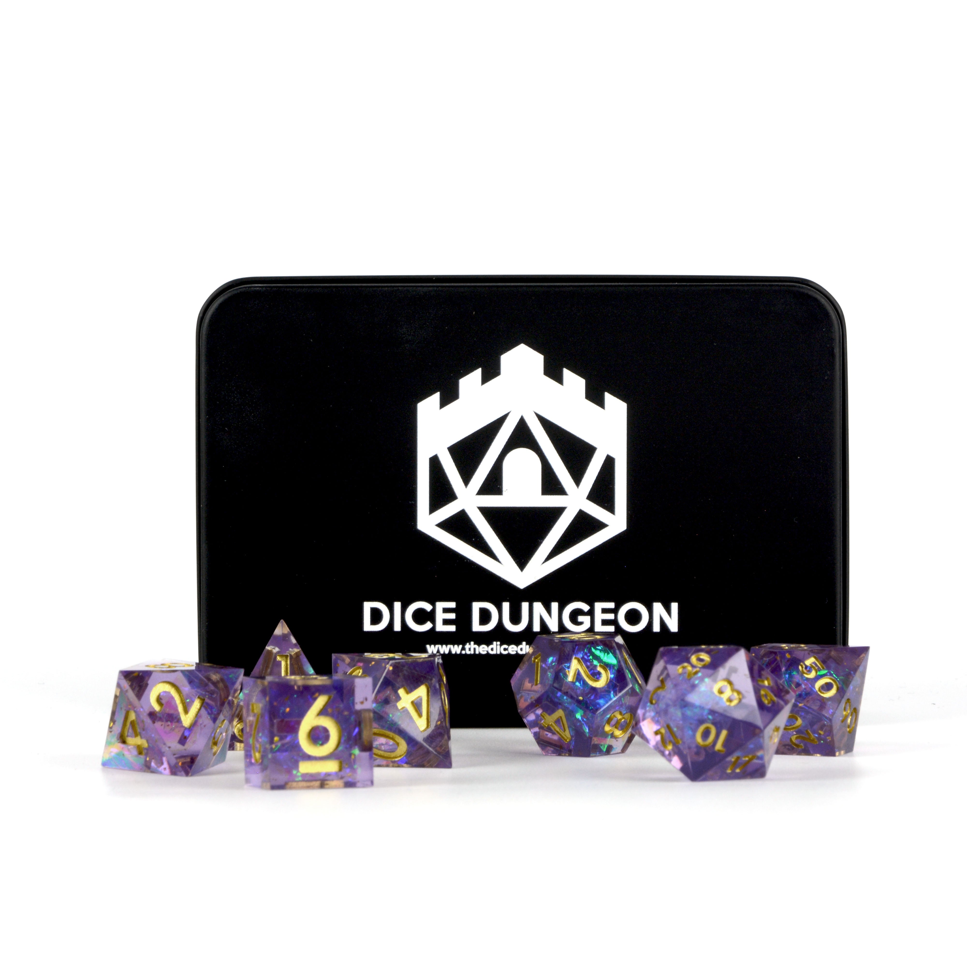 purple sharp edge dnd dice set with tin
