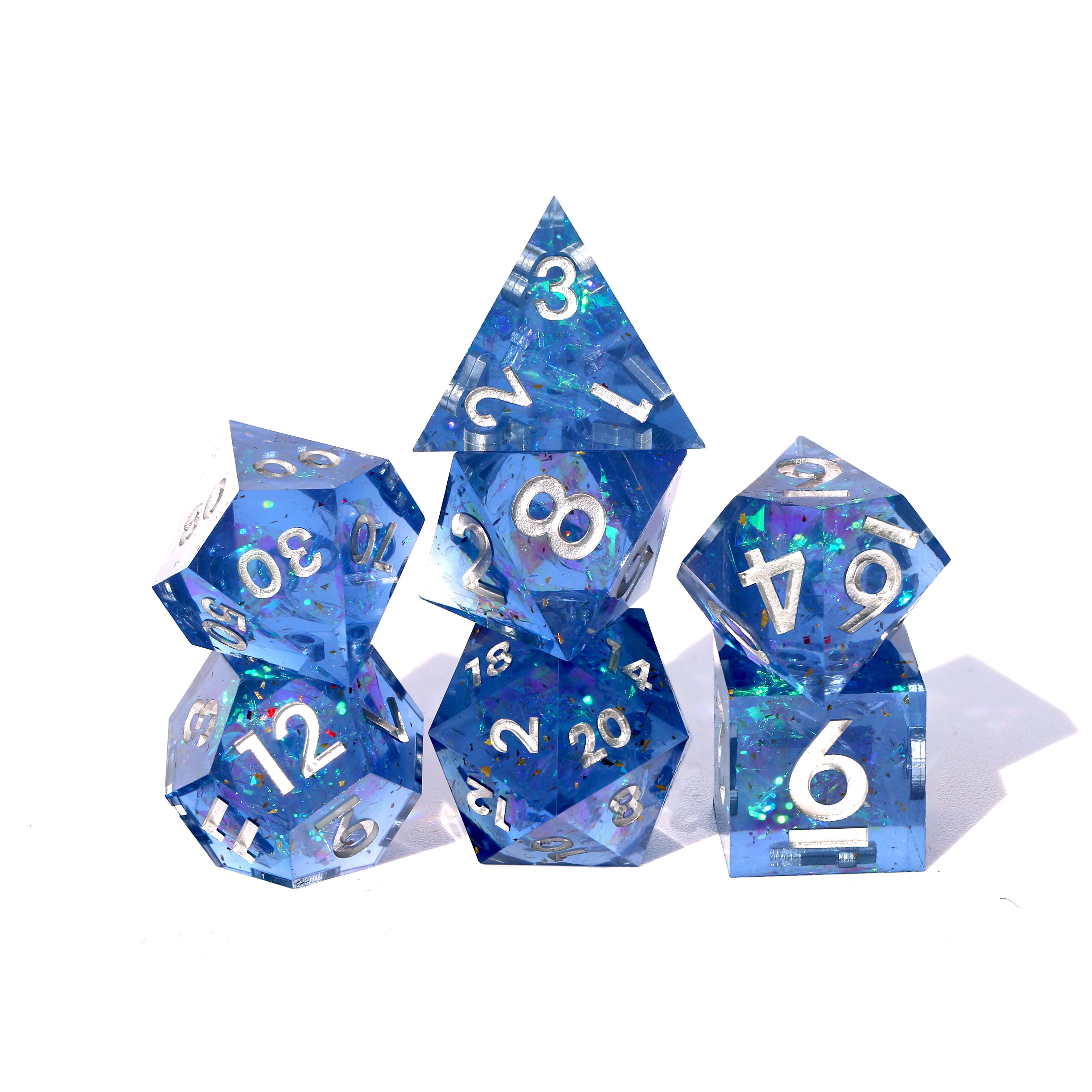 blue sharp edge dnd dice set stacked