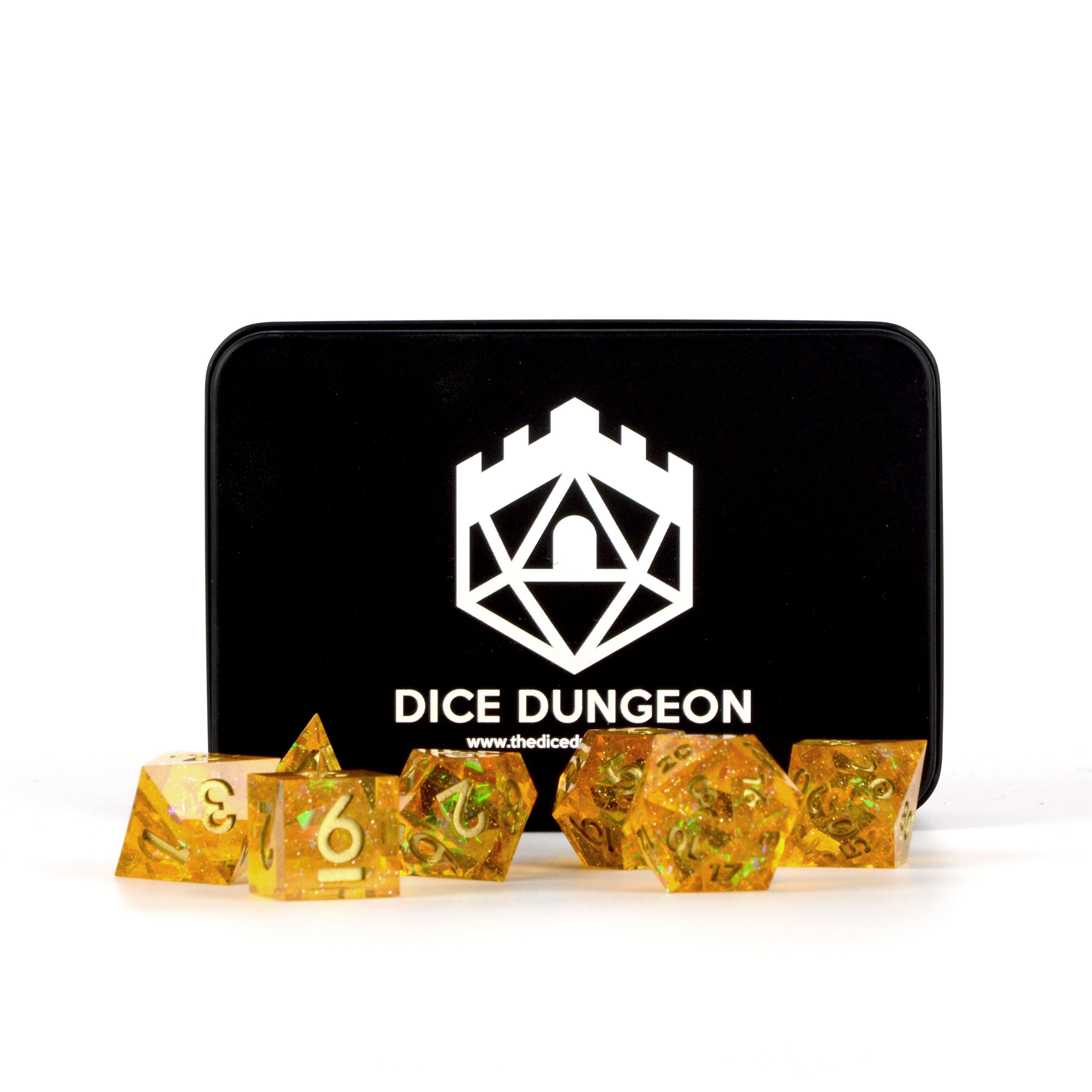 yellow sharp edge dnd dice set with tin