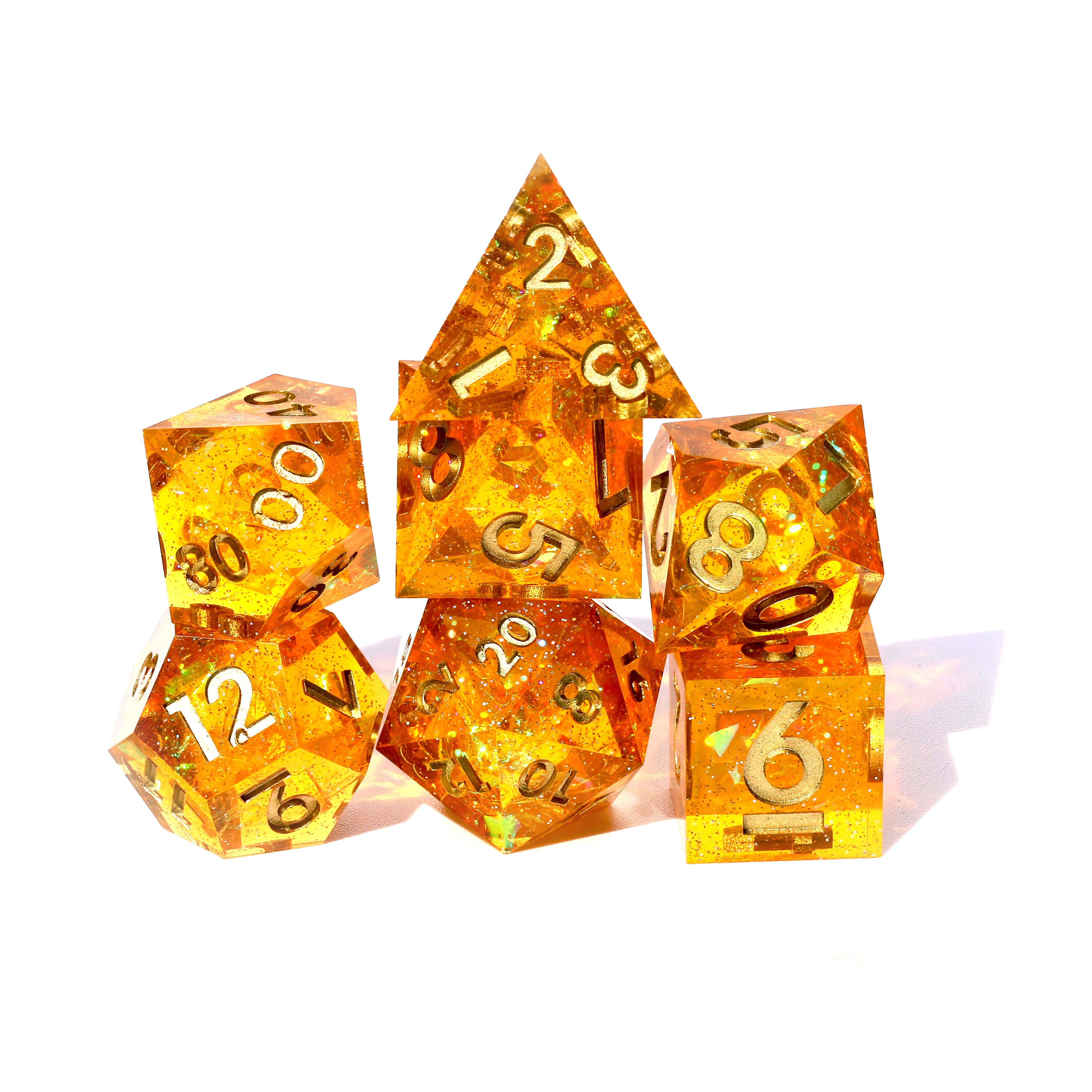 yellow sharp edge dnd dice set stacked