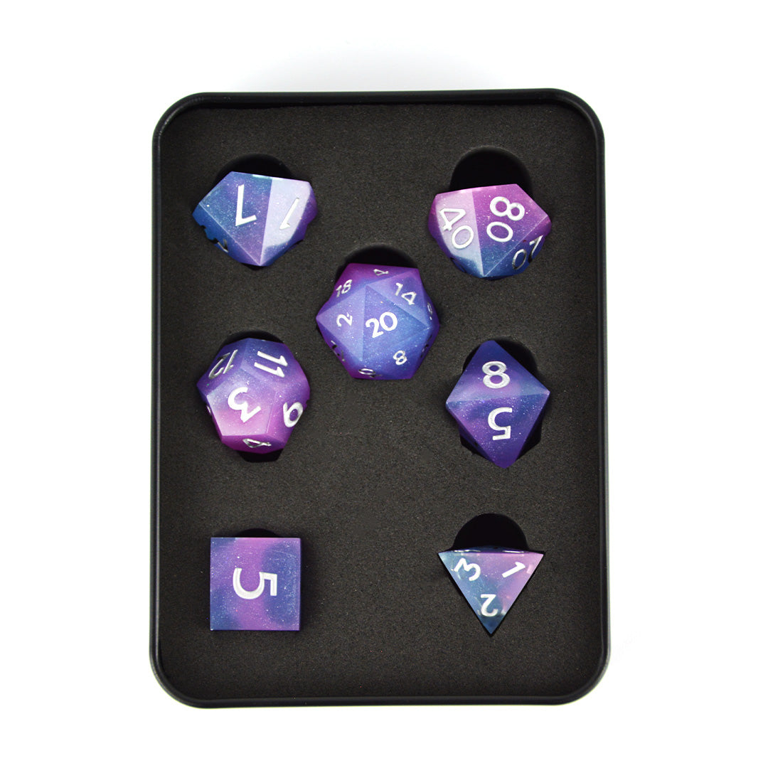 Destiny's Dream Purple and Bue resin dnd dice set with tin