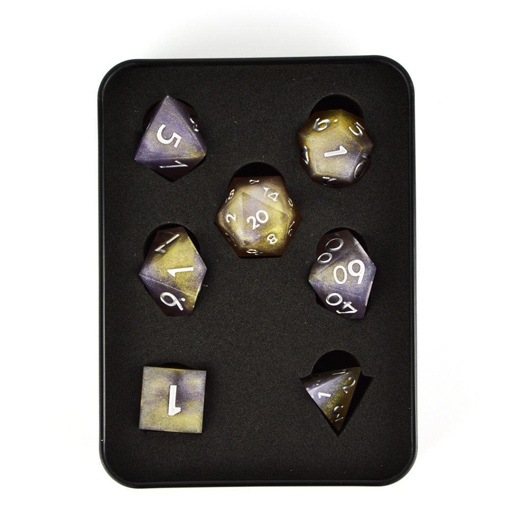 Sands Of Time purple and gold resin dnd dice set with tin