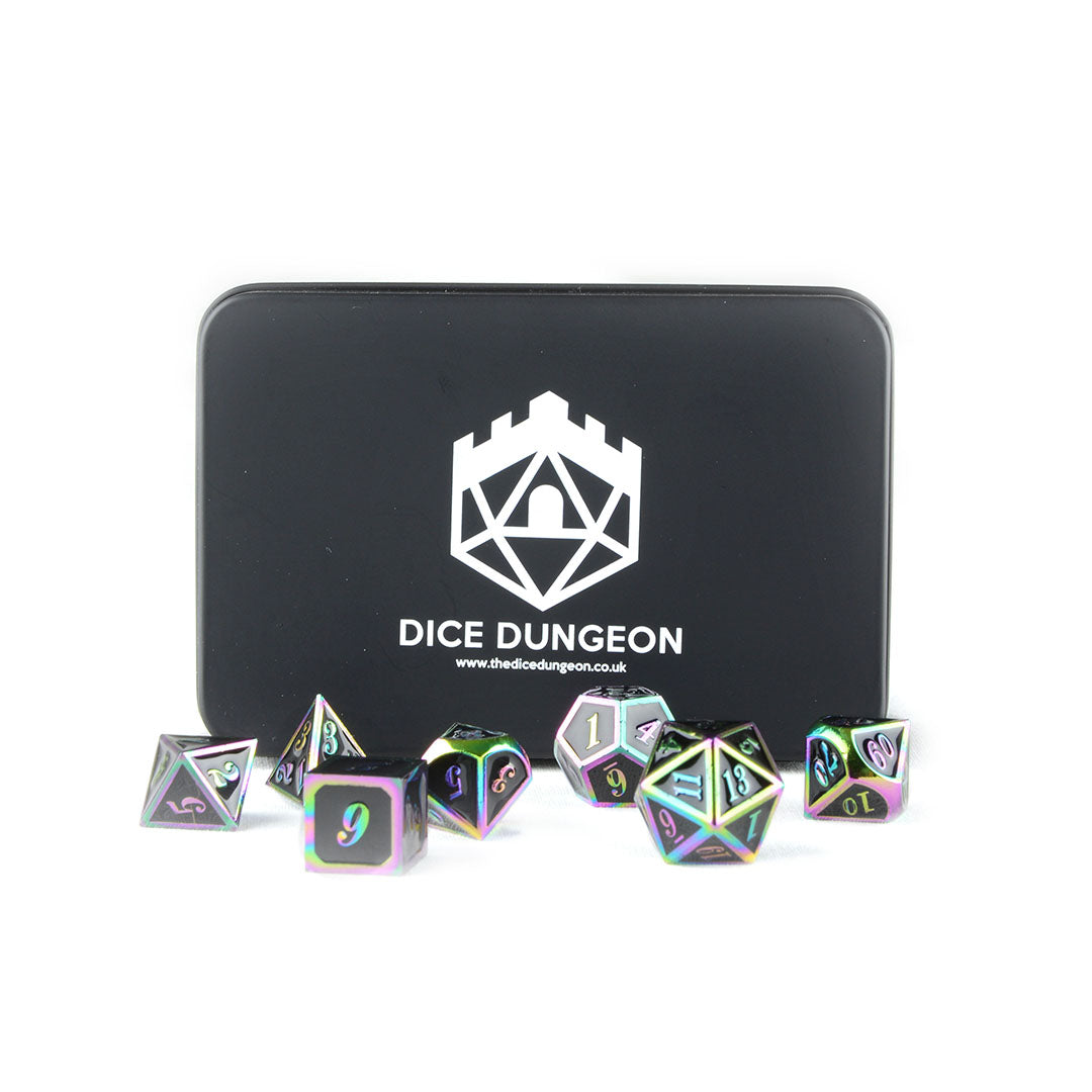 rainbow black dnd dice set with tin
