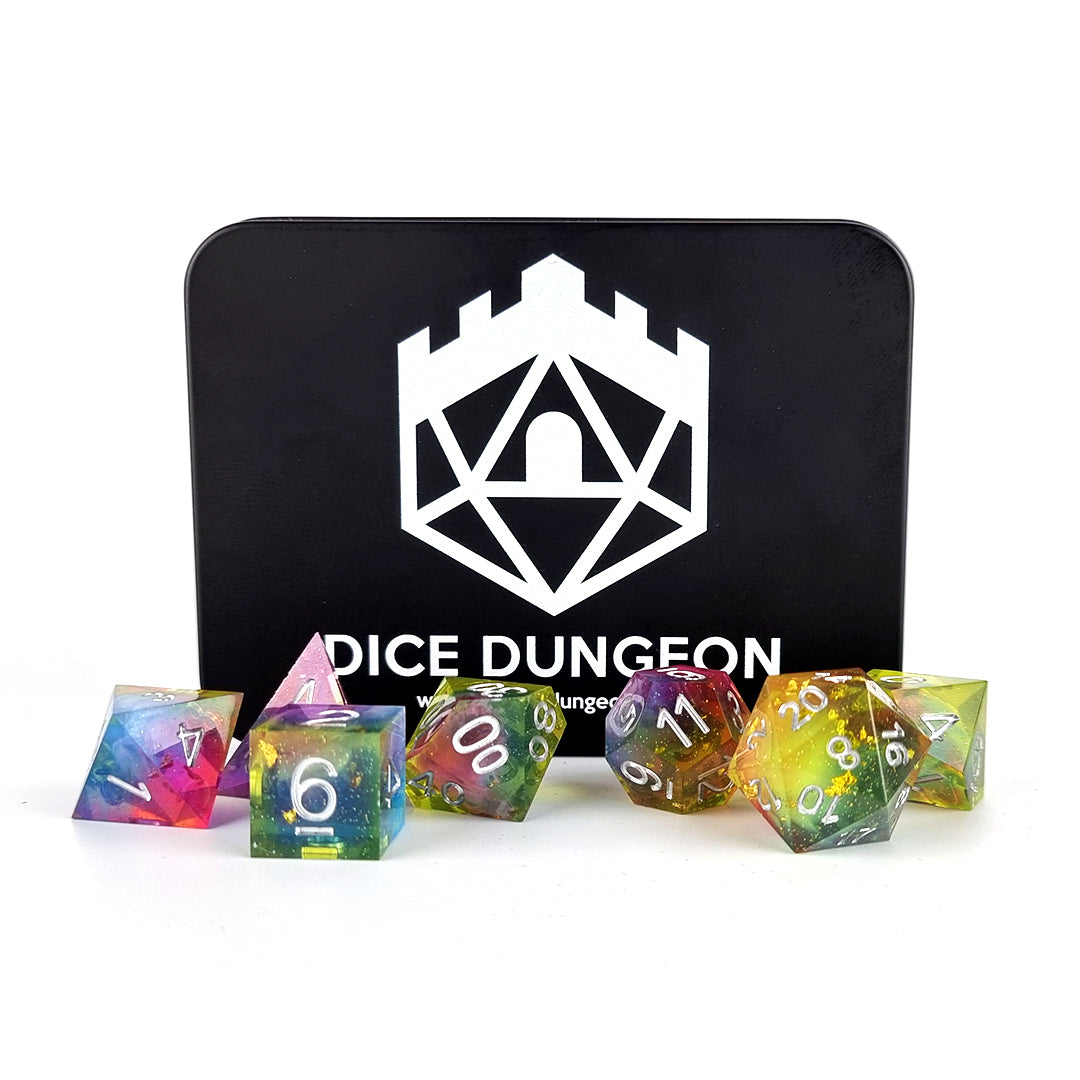 rainbow sharp edged dnd dice set with tin