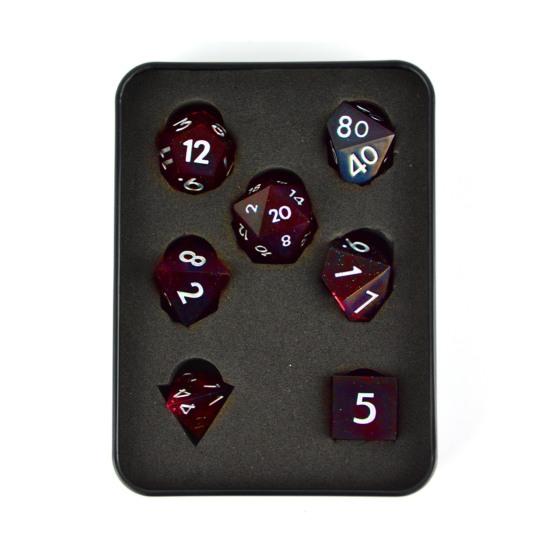 Red dragons fury resin dnd dice set with tin
