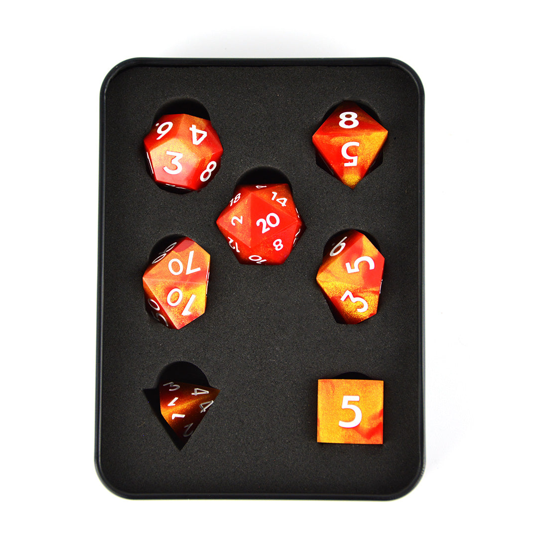 Sacred flame resin dnd dice set with tin
