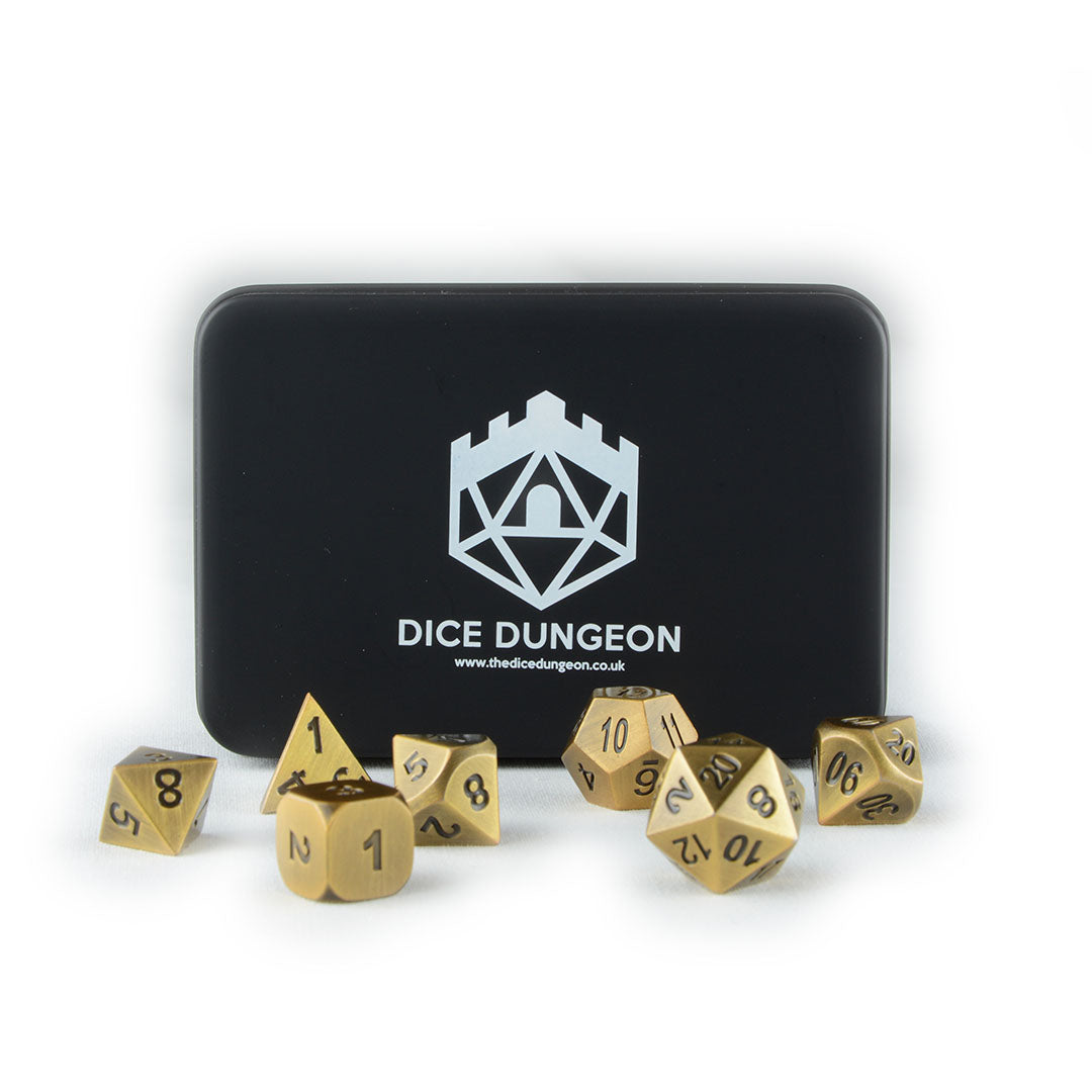 Tarnished gold metal dnd dice set with metal tin