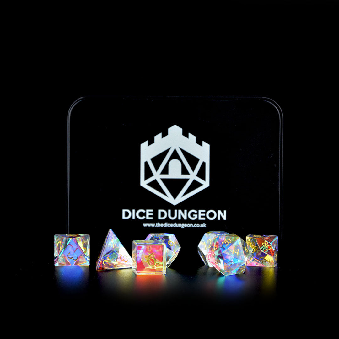 Wish - Rainbow Prism Glass dnd dice with tin